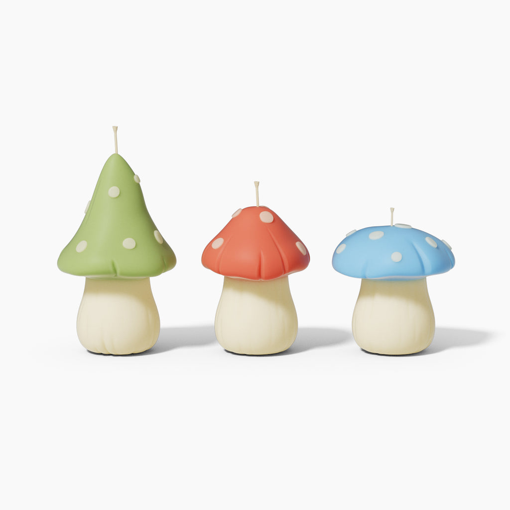 Use silicone molds to make three different mushroom-shaped candles, designed by Boowan Nicole.