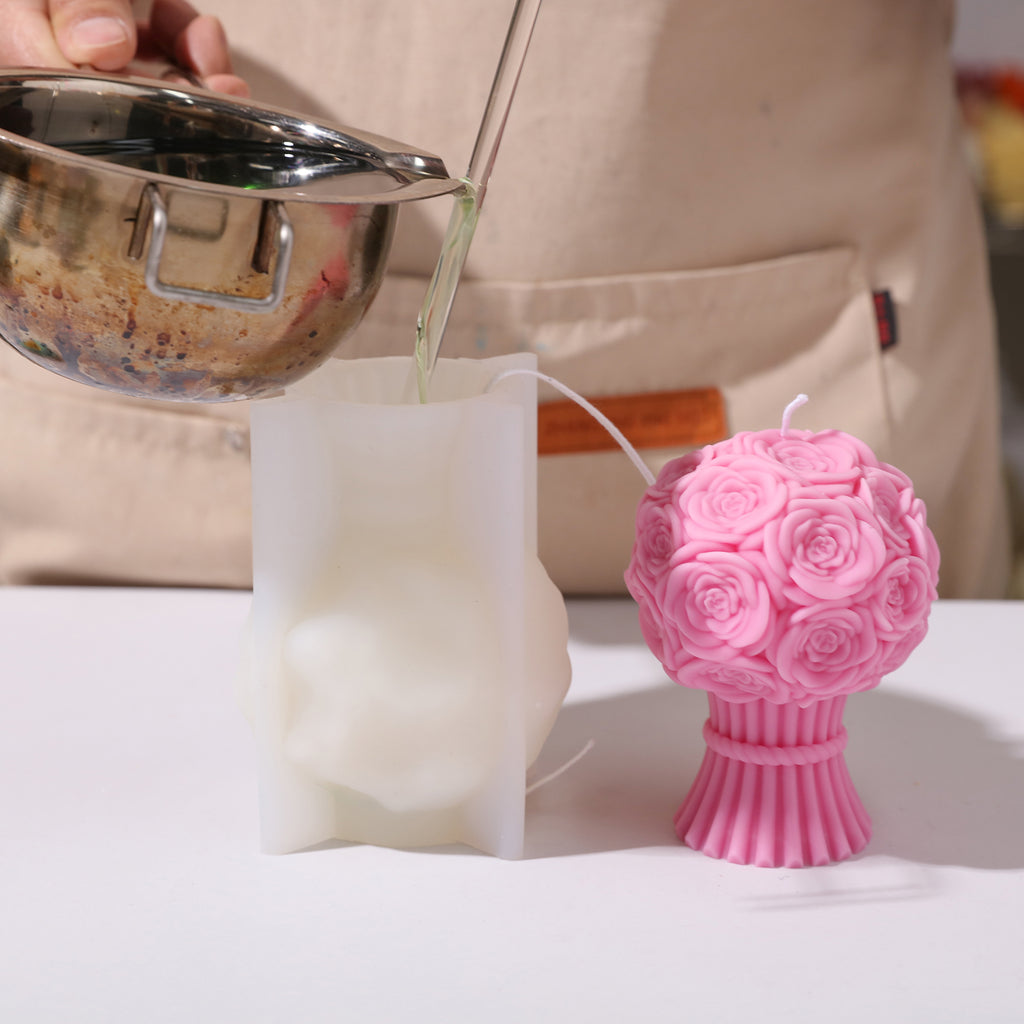 Pour liquid wax into white silicone mold Rose Bouquet Flourishing Candle-Boowan Nicole