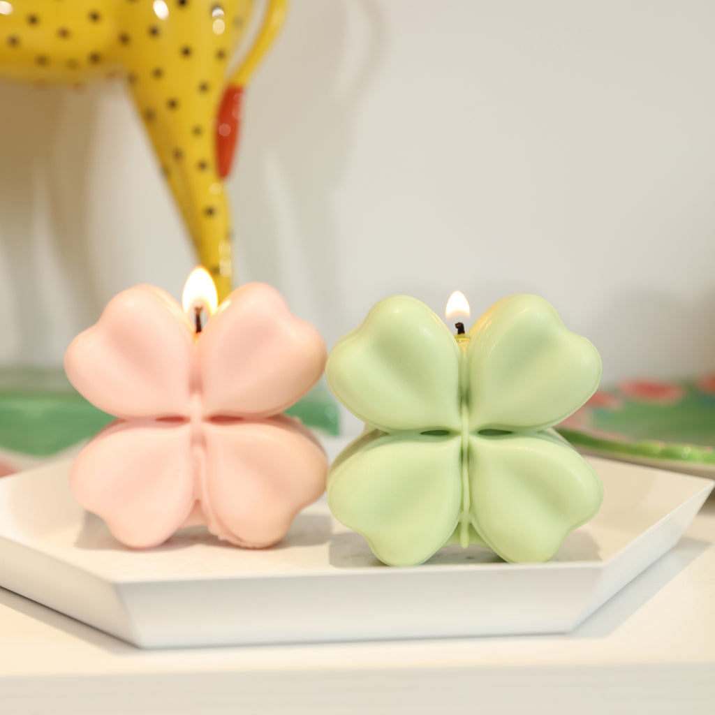 Burning Pink and Green Four-Leaf Clover Candle-Boowan Nicole in Tray