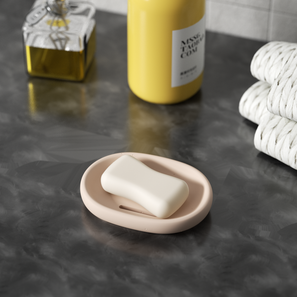 Pink Oval Soap Dish-Boowan Nicole with soap on the bathroom sink