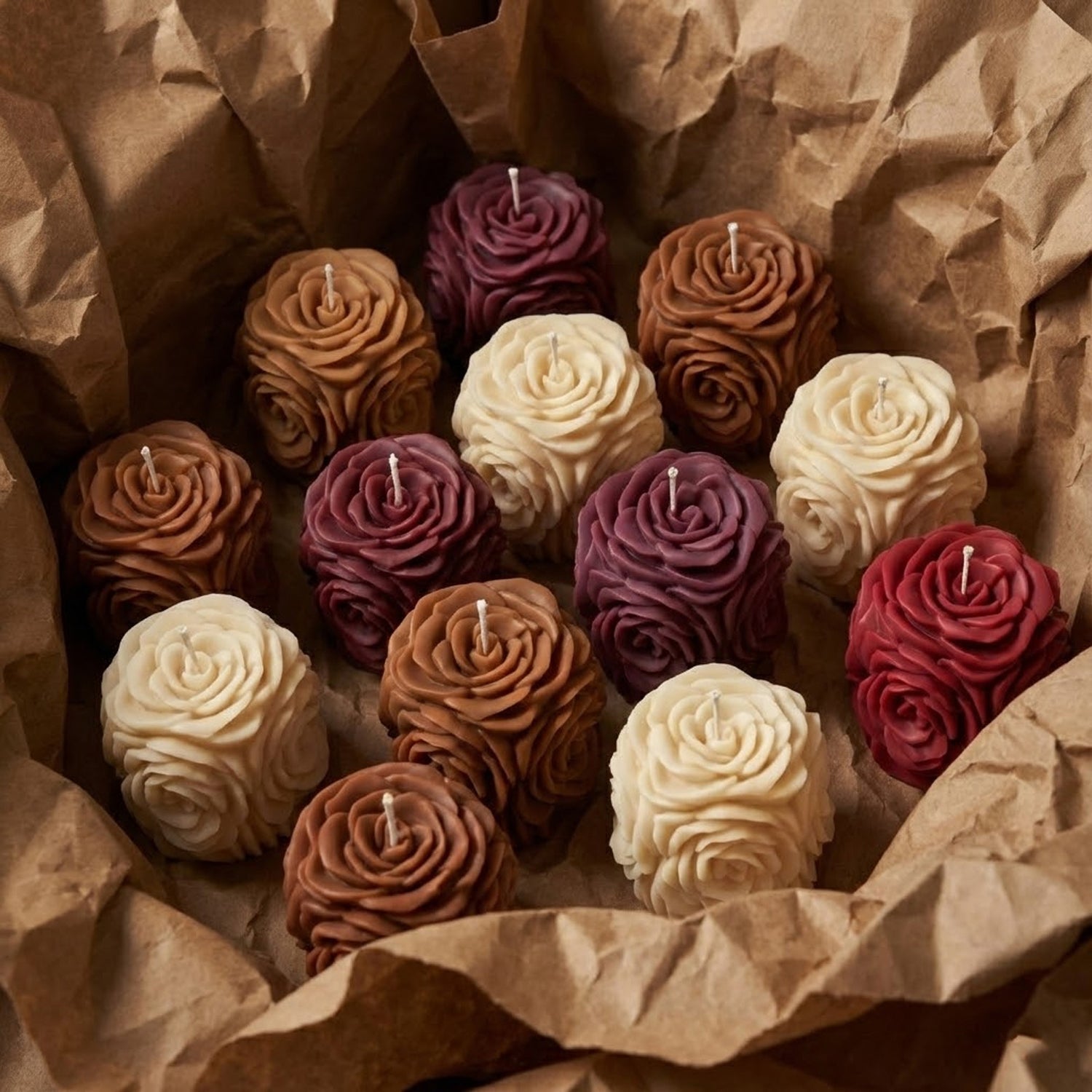 Assorted rose pillar candles arranged in gift-style packaging. - Boowan Nicole