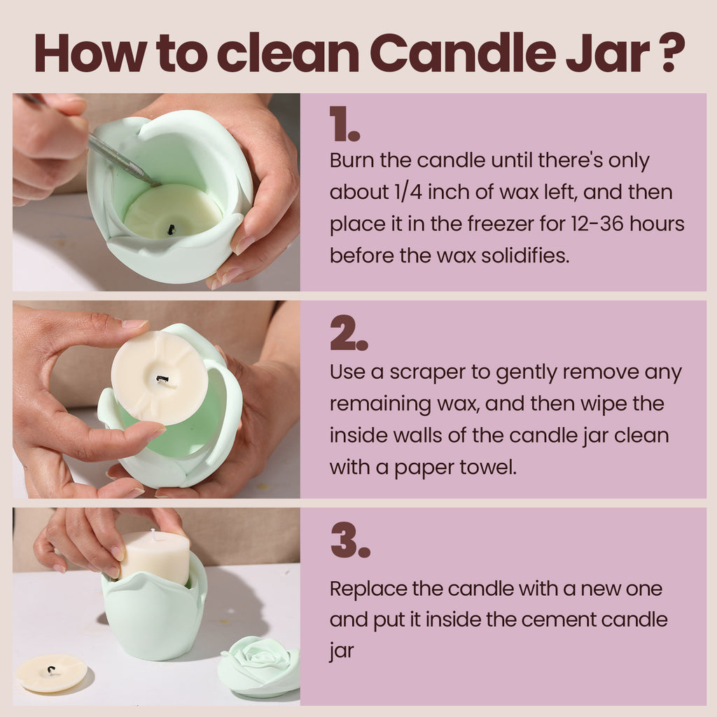 Picture and text showing how to clear the remaining candles from the Rose Reverie Candle Jar-Boowan Nicole