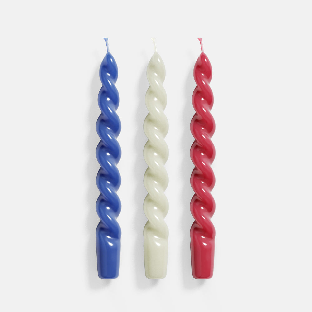 Boowannicole's Trio of Tapered Elegance - Crafted with our silicone molds, enjoy the beauty of blue, white, and red cone candles adding sophistication to your ambiance.
