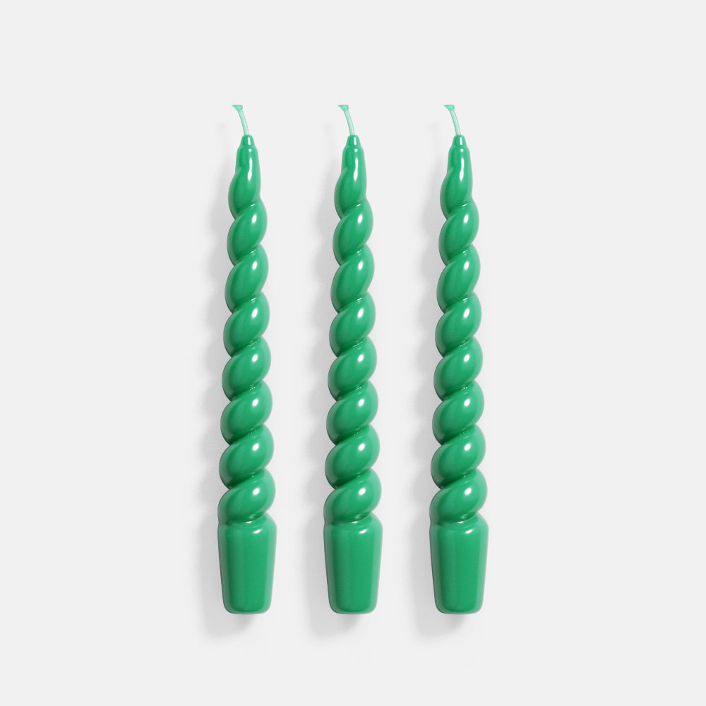 Experience the allure of creativity with BOOWANNICOLE's Trio of Handcrafted Green Spiral Taper Candles – an enchanting addition to your DIY candle-making endeavors.