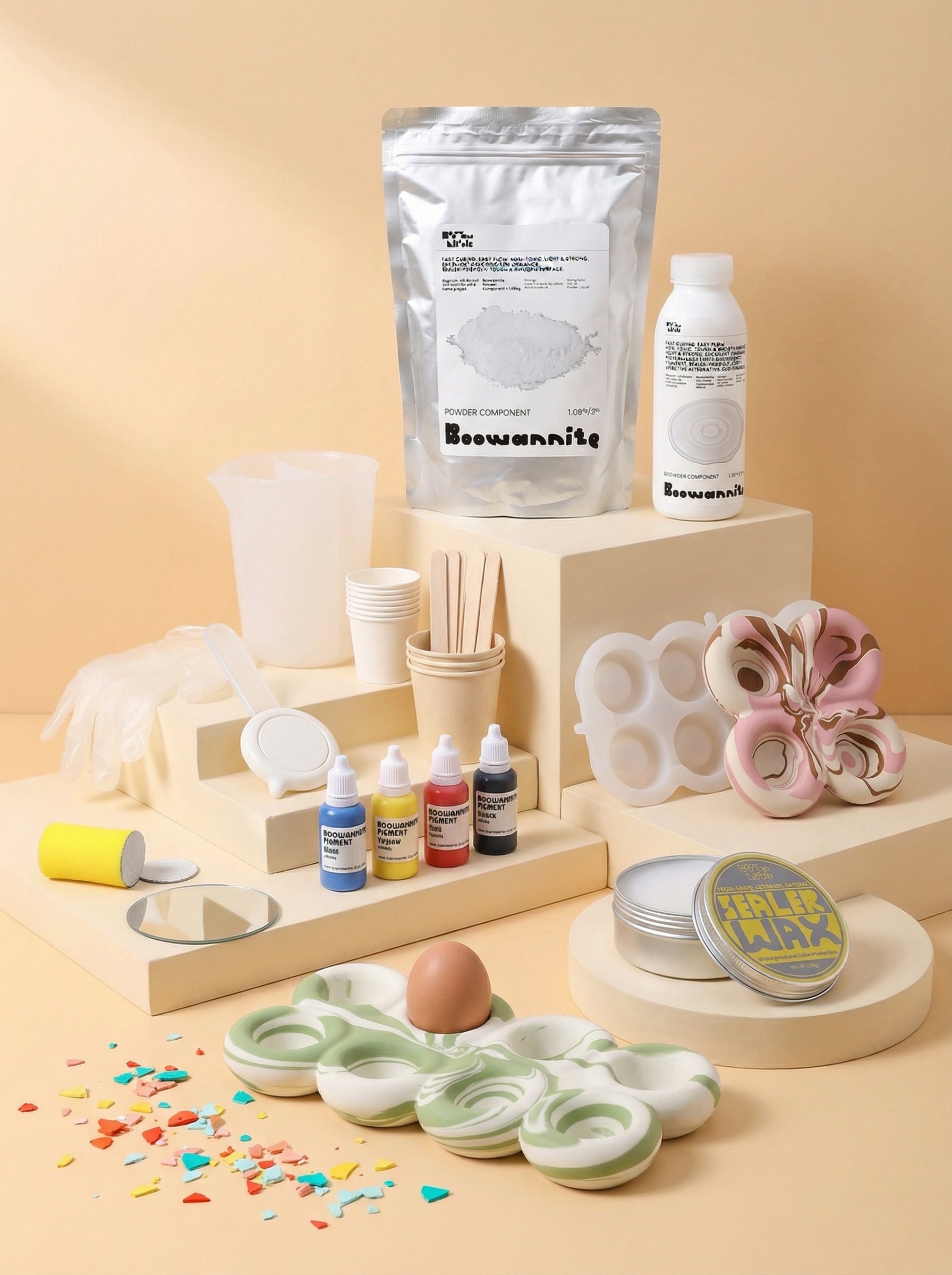 tools, material, pigments, accessories for concret, candle, resin, soap, boowannite, jesmonite making