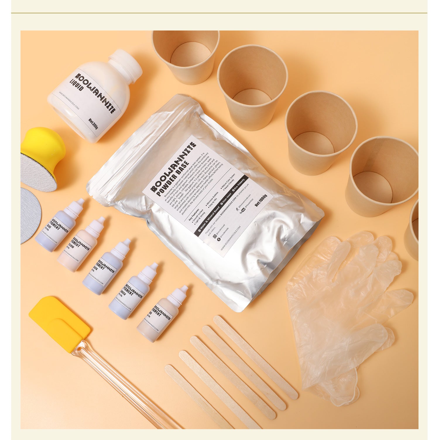 tools, material, pigments, accessories for concret, candle, resin, soap, boowannite, jesmonite making