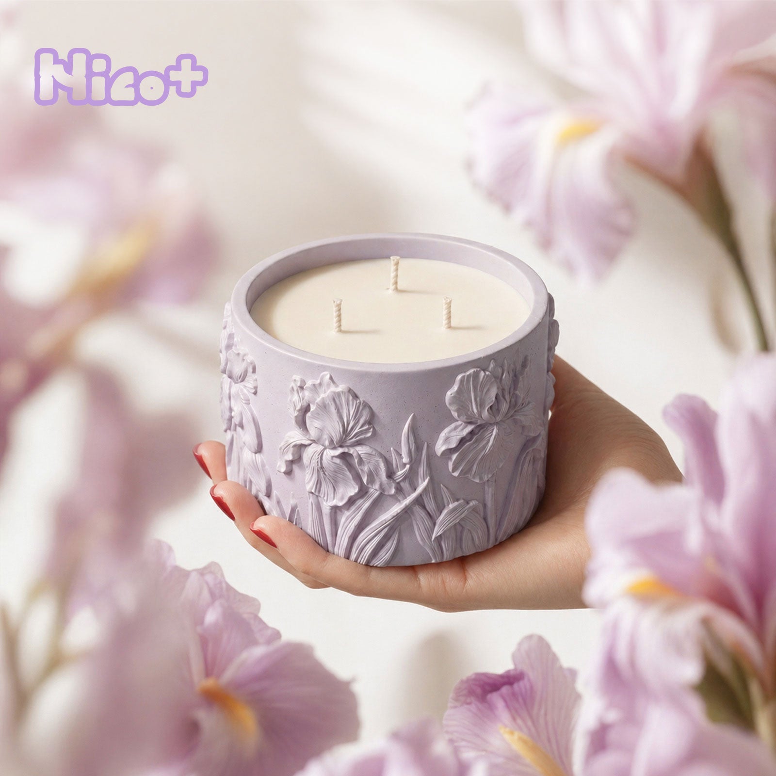 Iris Embossed Candle Jar Silicone Mold, finished purple candle jar held in hand with iris background - Boowan Nicole