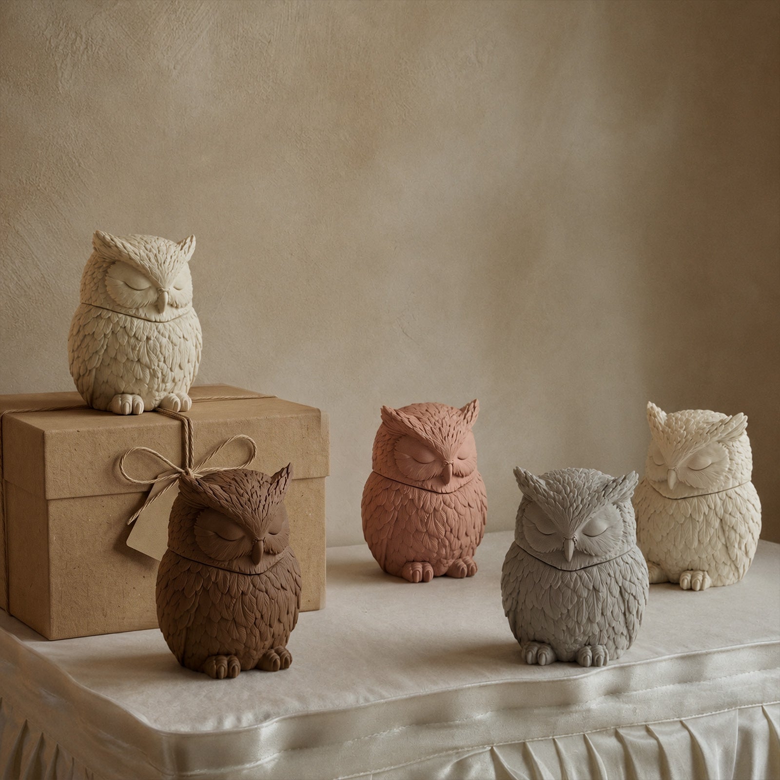 Multi‑toned finished sleeping owl lidded candle jars collection on neutral linen table background - Boowan Nicole