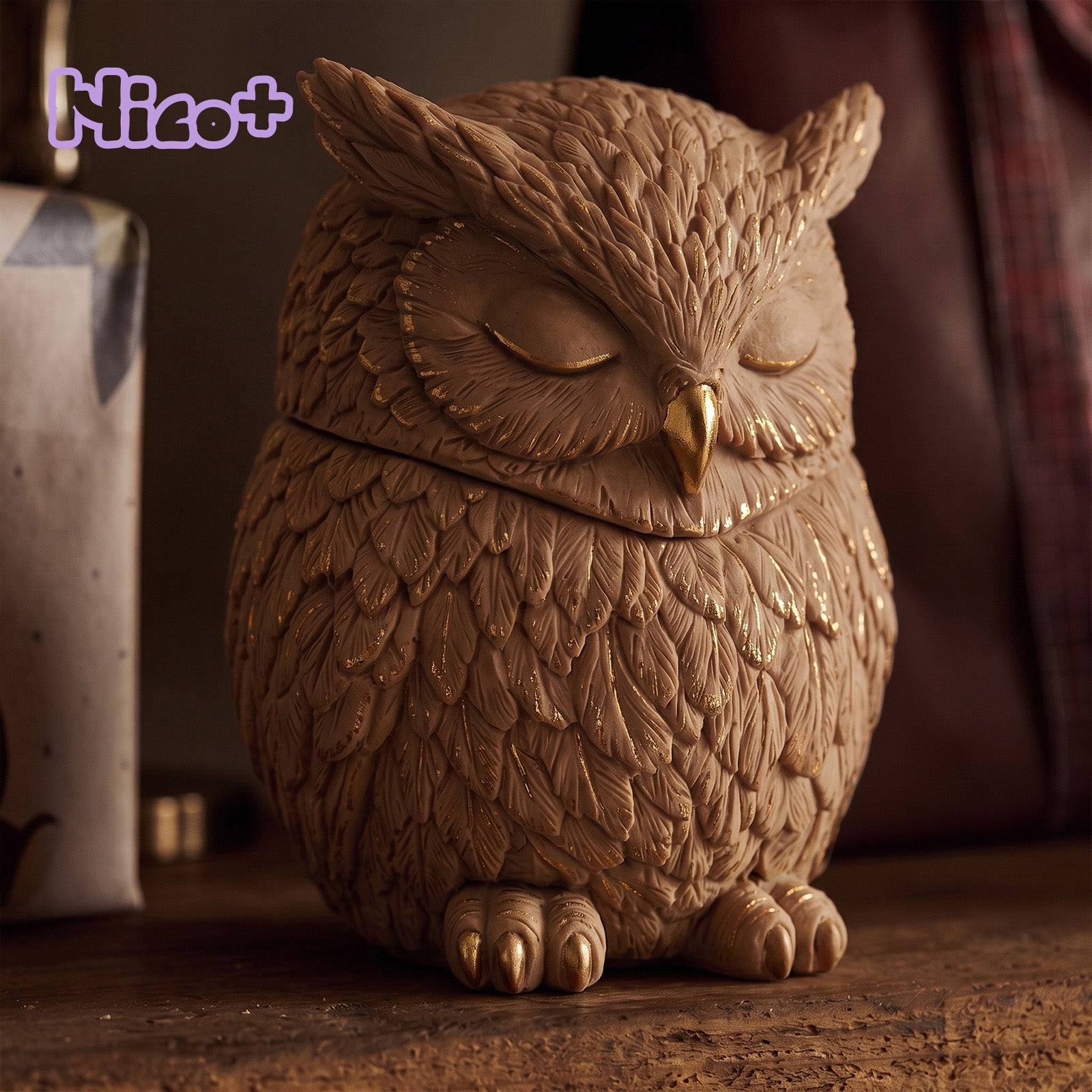 Close‑up shot of gilded finished owl candle jar with detailed feather textures and golden trim - Boowan Nicole