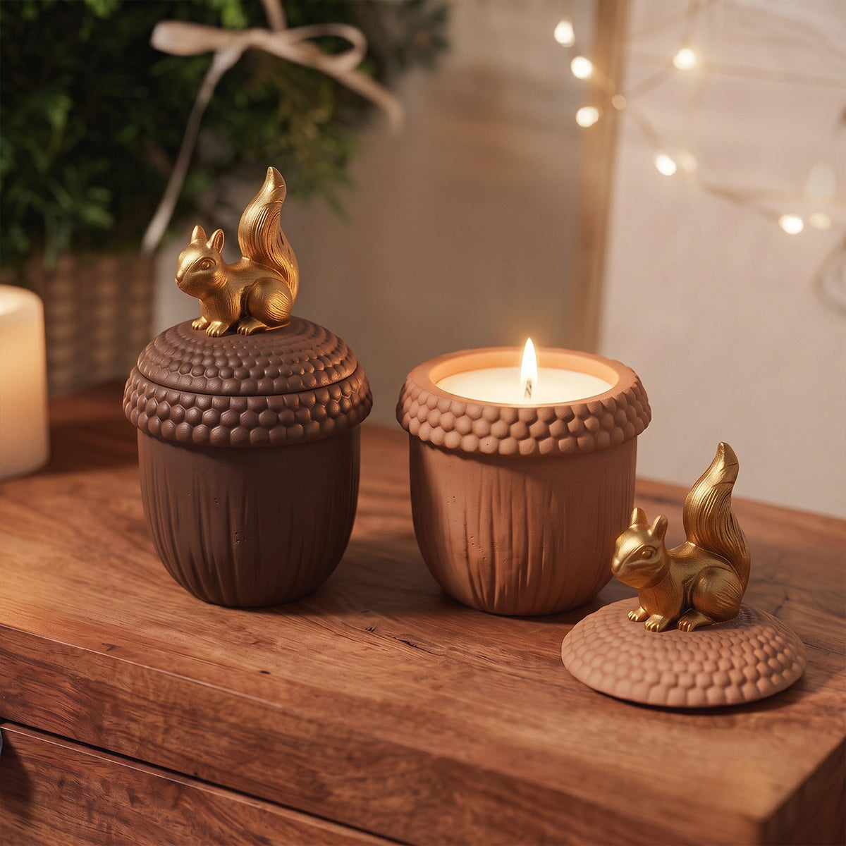 Finished acorn shaped lidded candle jars with golden squirrel toppers, one lit candle displayed on rustic wooden table with warm fairy light background - Boowan Nicole