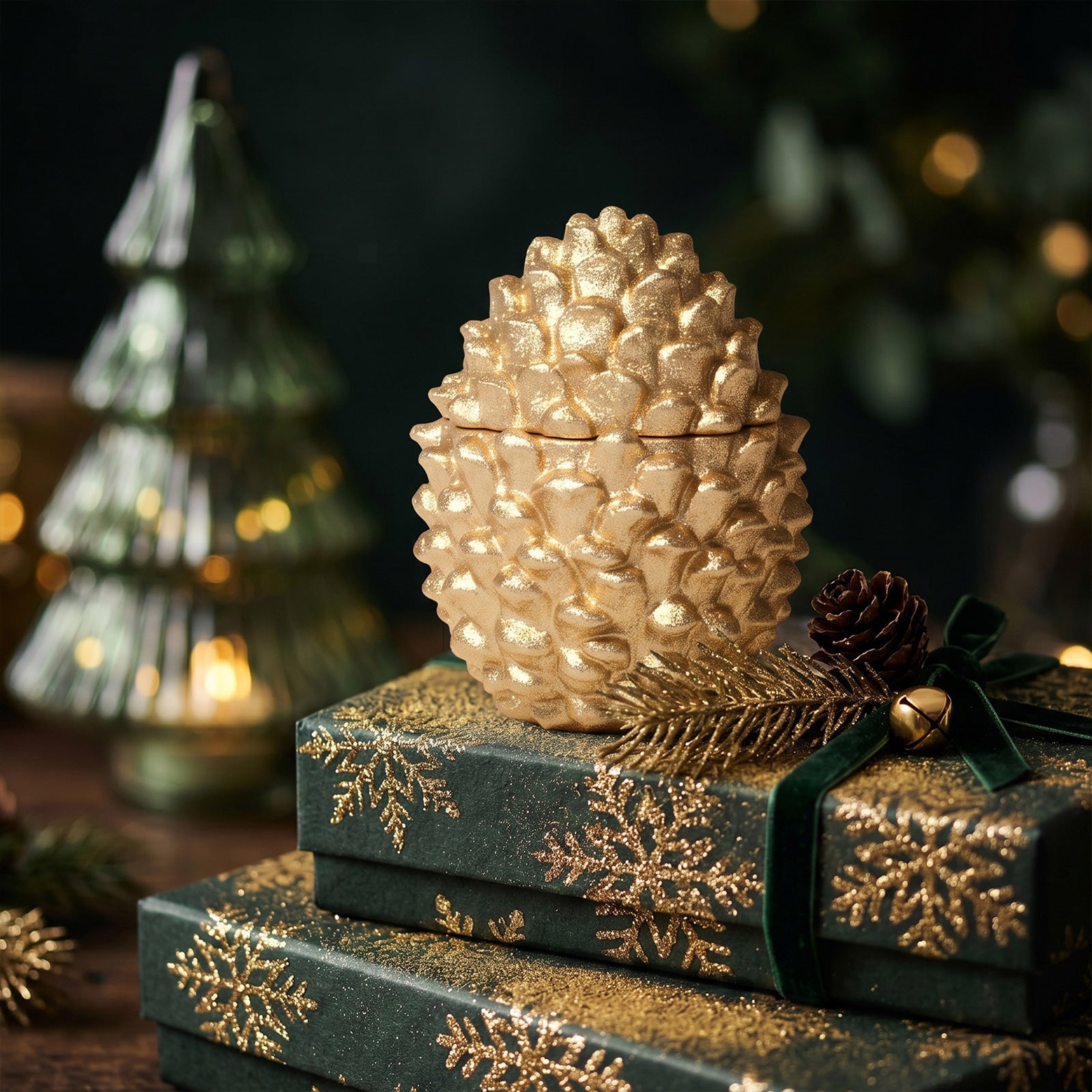 Glitter gold Little Woodland Pinecone lidded candle jar stacked on festive green gift boxes, Christmas bokeh background seasonal styling - Boowan Nicole