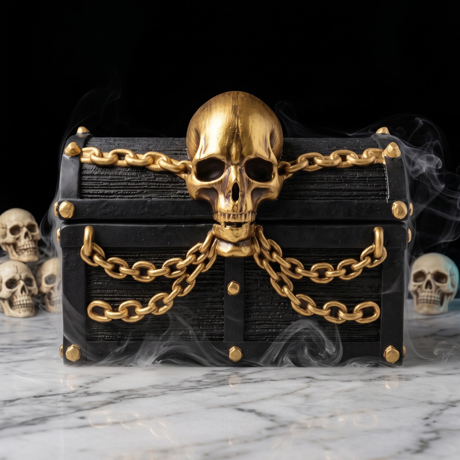 Closed pirate treasure chest candle jar decorated with golden skull and chains, surrounded by smoke and skull ornaments on marble surface - Boowan Nicole
