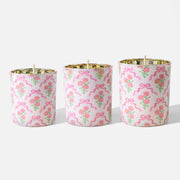 Three Sizes Pink Bow & Daisy Floral Repeat Print Gold Speckled Inner Frosted White Glass Candle Jars on Plain White Background - Boowan Nicole