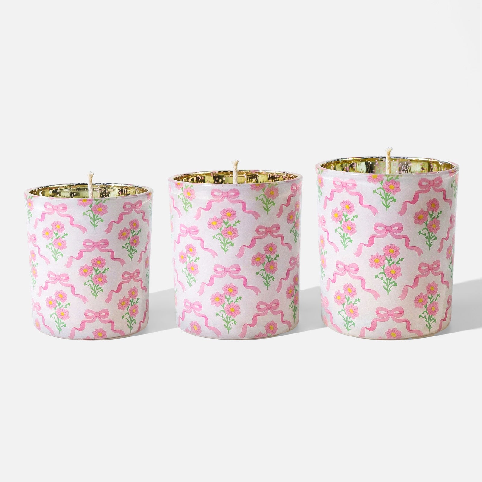 Three Sizes Pink Bow & Daisy Floral Repeat Print Gold Speckled Inner Frosted White Glass Candle Jars on Plain White Background - Boowan Nicole