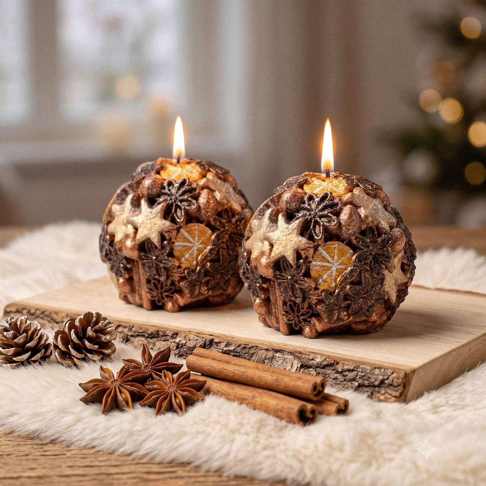Two lit rustic spice‑themed spherical candles on wooden slab with cinnamon and star anise Christmas decor - Boowan Nicole