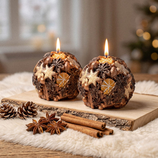 Two lit rustic spice‑themed spherical candles on wooden slab with cinnamon and star anise Christmas decor - Boowan Nicole