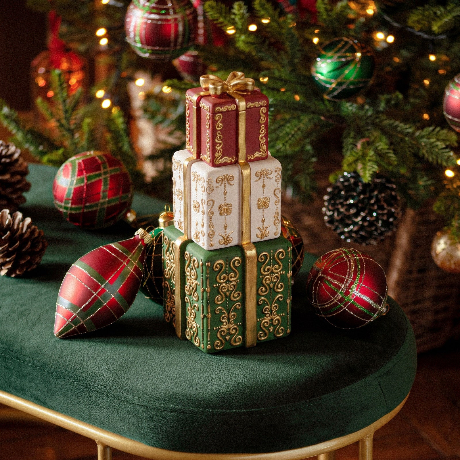 Stacked vintage Christmas gift box candle jar festive display under Christmas tree - Boowan Nicole