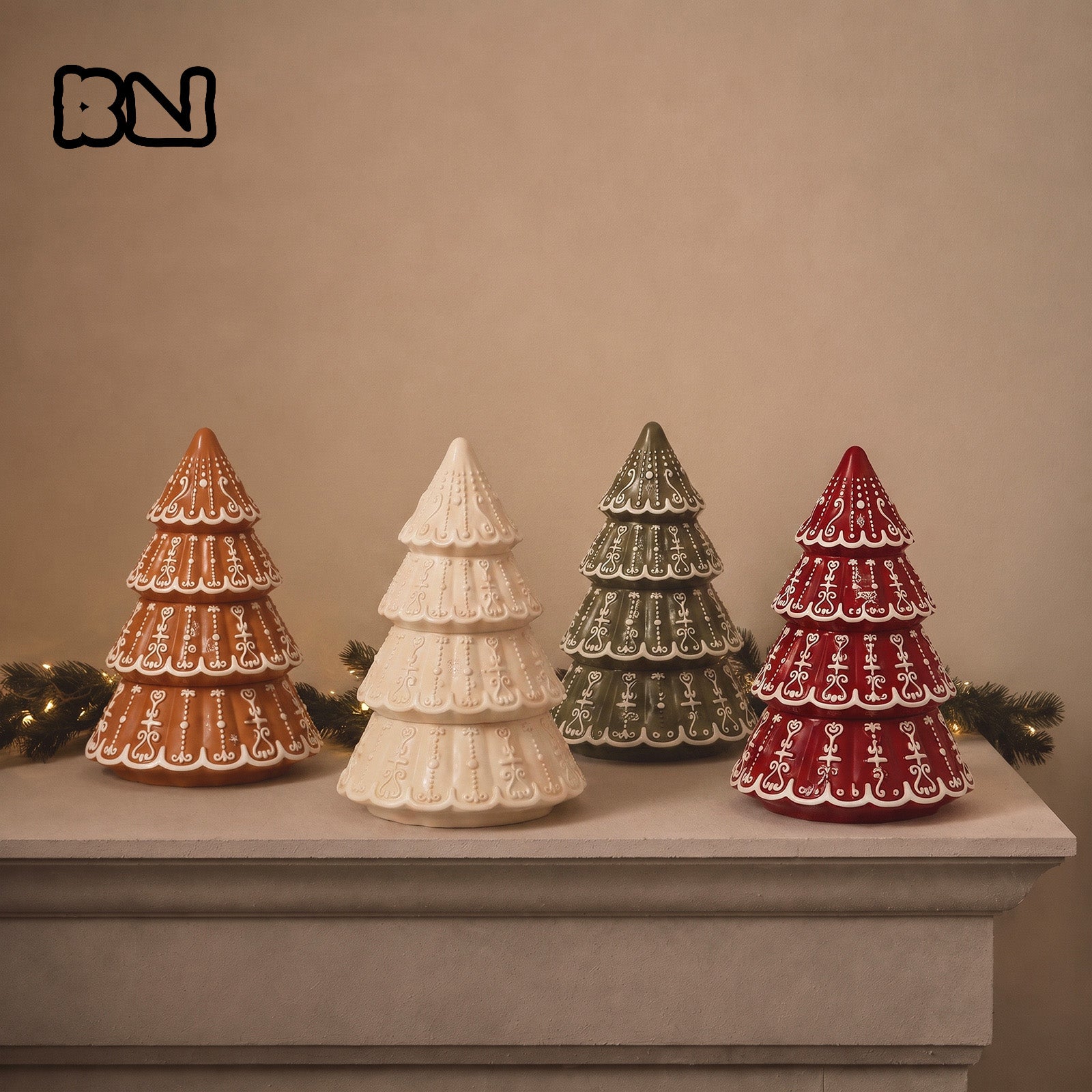 Four finished Vintage Christmas Tree Stacking Candle Jars with gingerbread lace embossment fireplace mantel display - Boowan Nicole