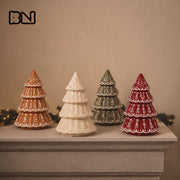 Four finished Vintage Christmas Tree Stacking Candle Jars with gingerbread lace embossment fireplace mantel display - Boowan Nicole