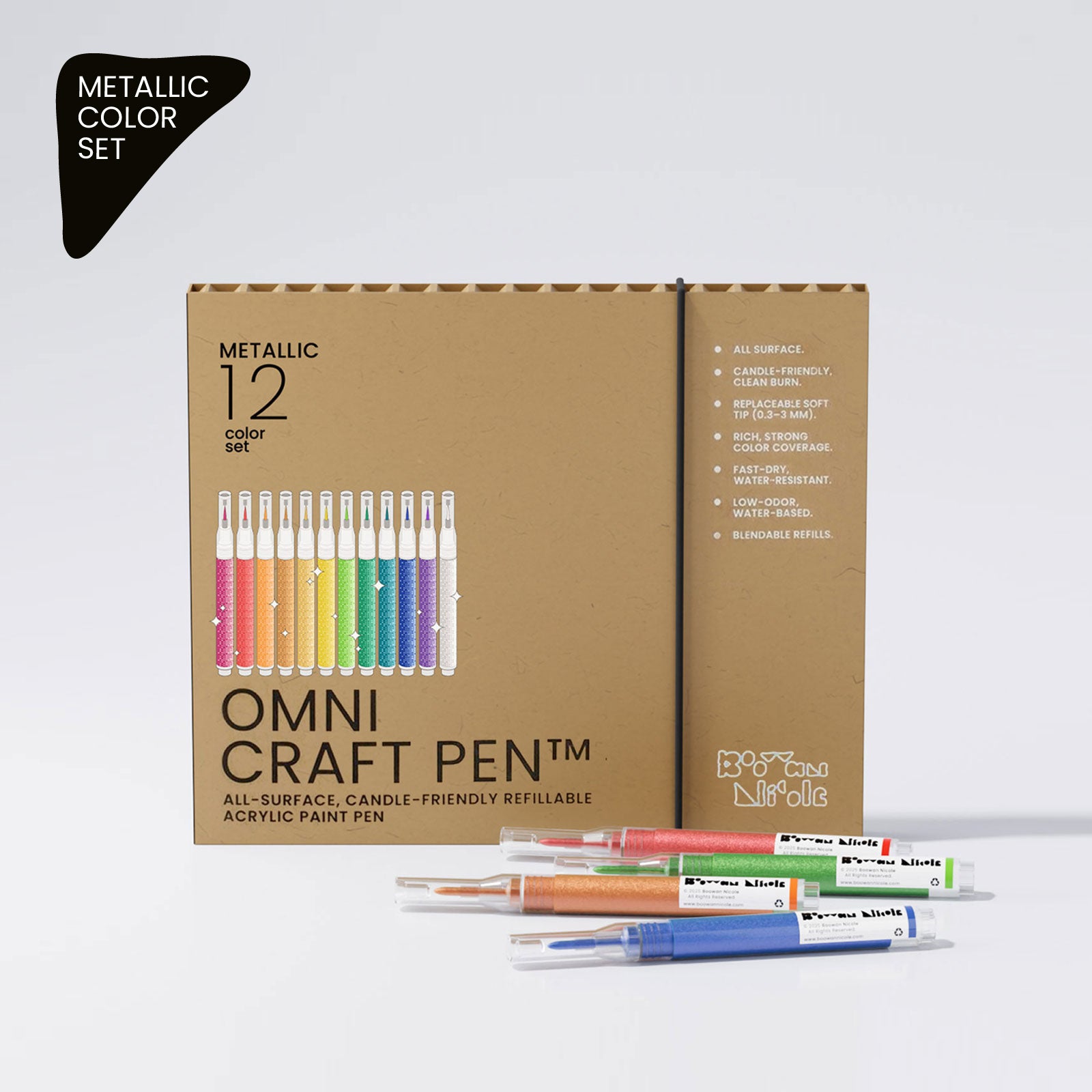 OMNI Craft Pen Metallic 12 Color Set Packaging - Boowan Nicole