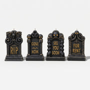 Four styles black gold tombstone pillar candles with spooky Halloween lettering plain white background product shot - Boowan Nicole