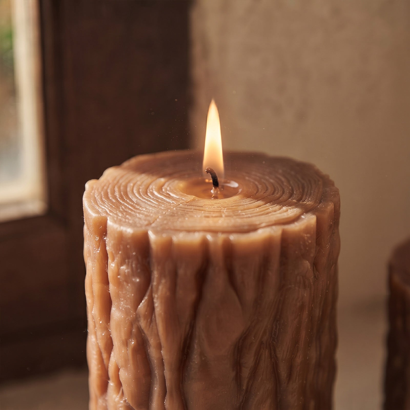 Close-up of glowing tree stump pillar candle, showcasing detailed sculpted bark grain and concentric tree ring cross-section - Boowan Nicole