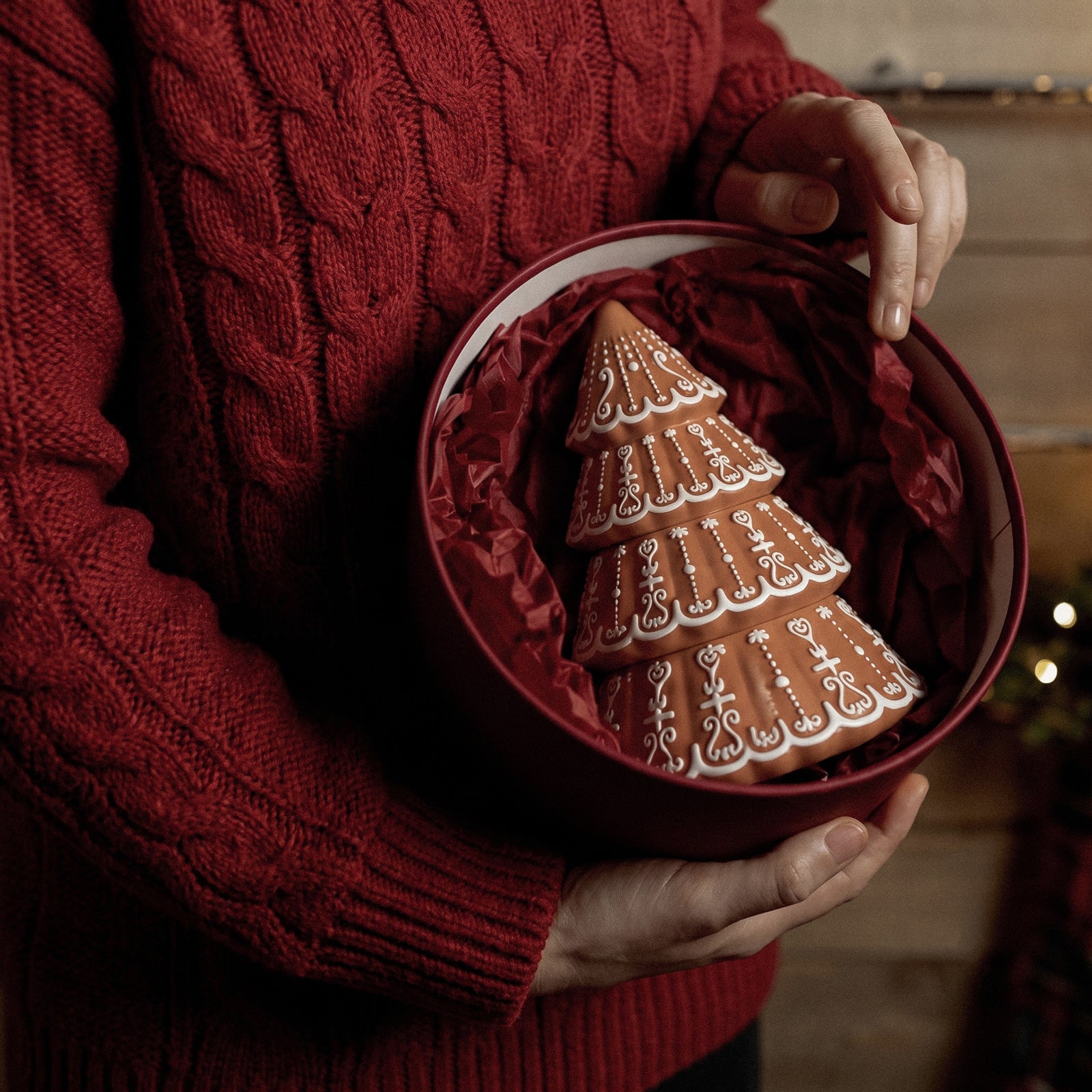 Gingerbread‑style stacking Christmas tree candle jar placed inside festive gift box for holiday present - Boowan Nicole