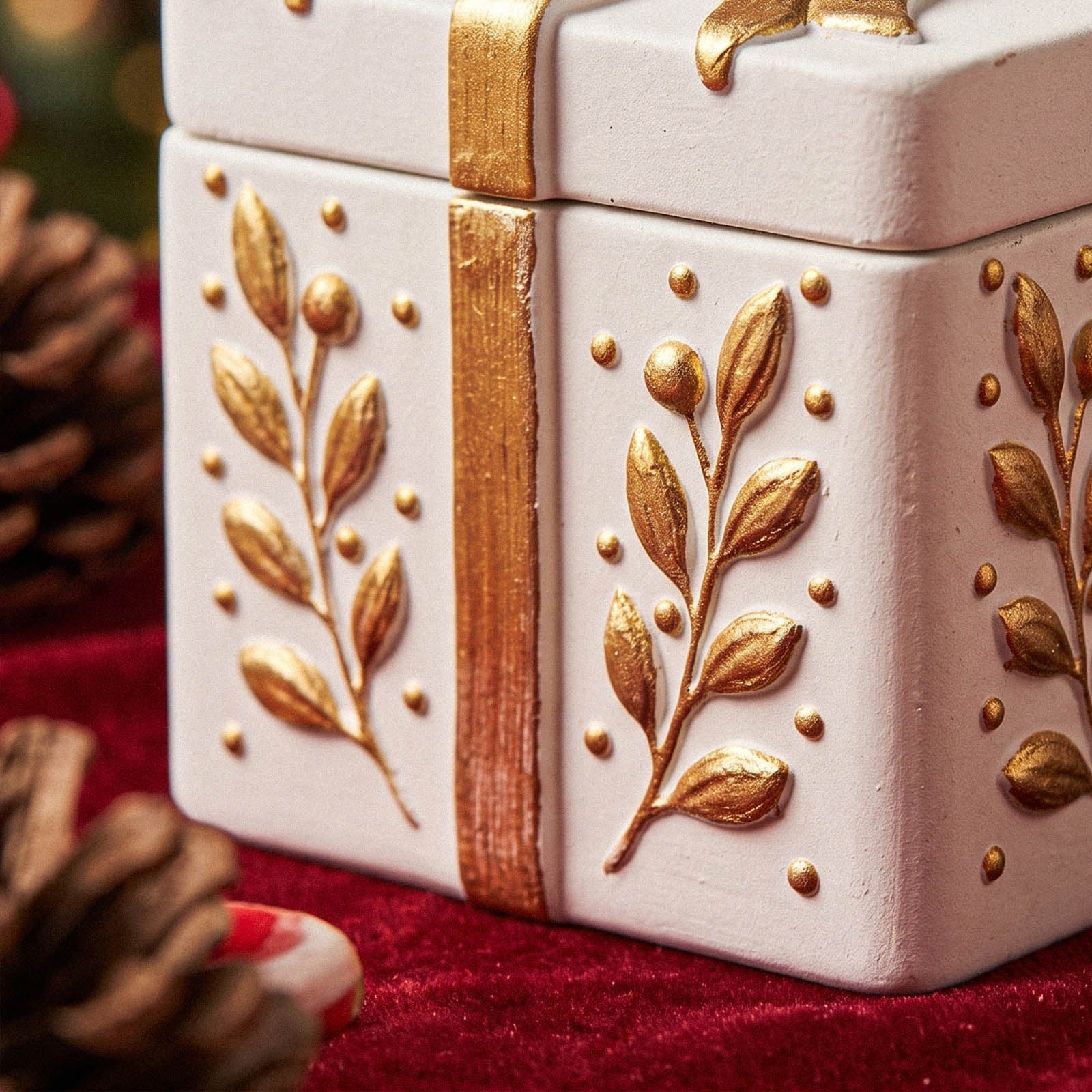 Close‑up shot of raised embossed leaf and berry texture on finished white Holiday Gift Box Candle Jar craft piece with gold gilding - Boowan Nicole