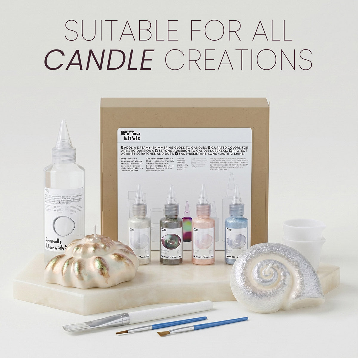 Complete Colored Glossy Pearl Candle Varnish Set with Brushes and Shell Candles - Boowan Nicole