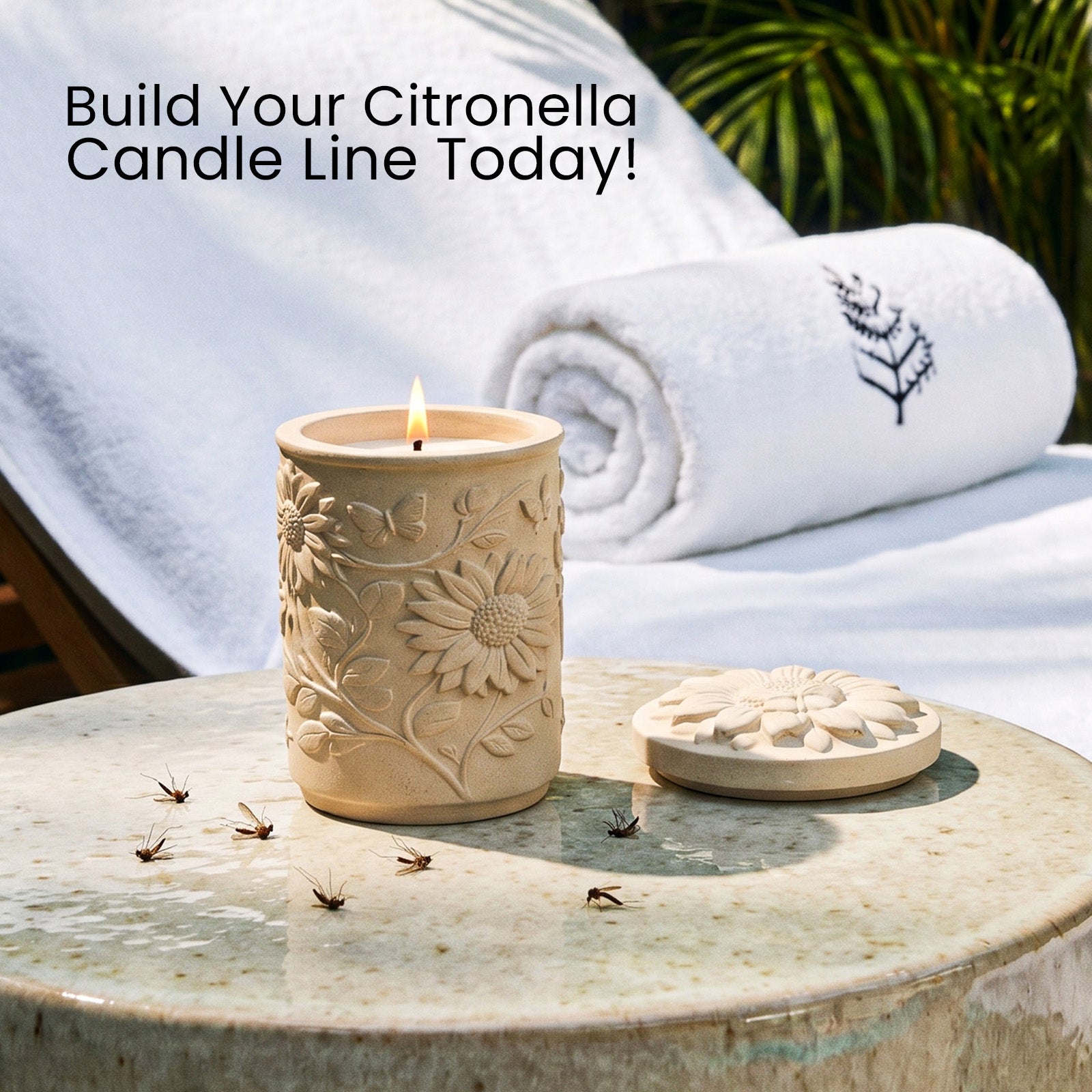 Sunflower Embossed Candle Jar Silicone Mold, finished beige candle jar lit outdoors with citronella theme - Boowan Nicole