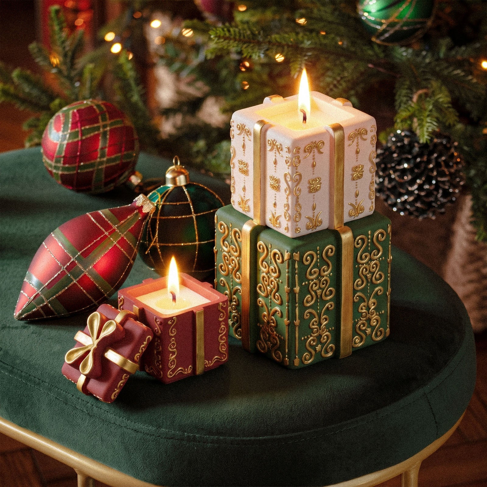 Lit stacked Christmas gift box shaped candle jars holiday home decoration scene - Boowan Nicole