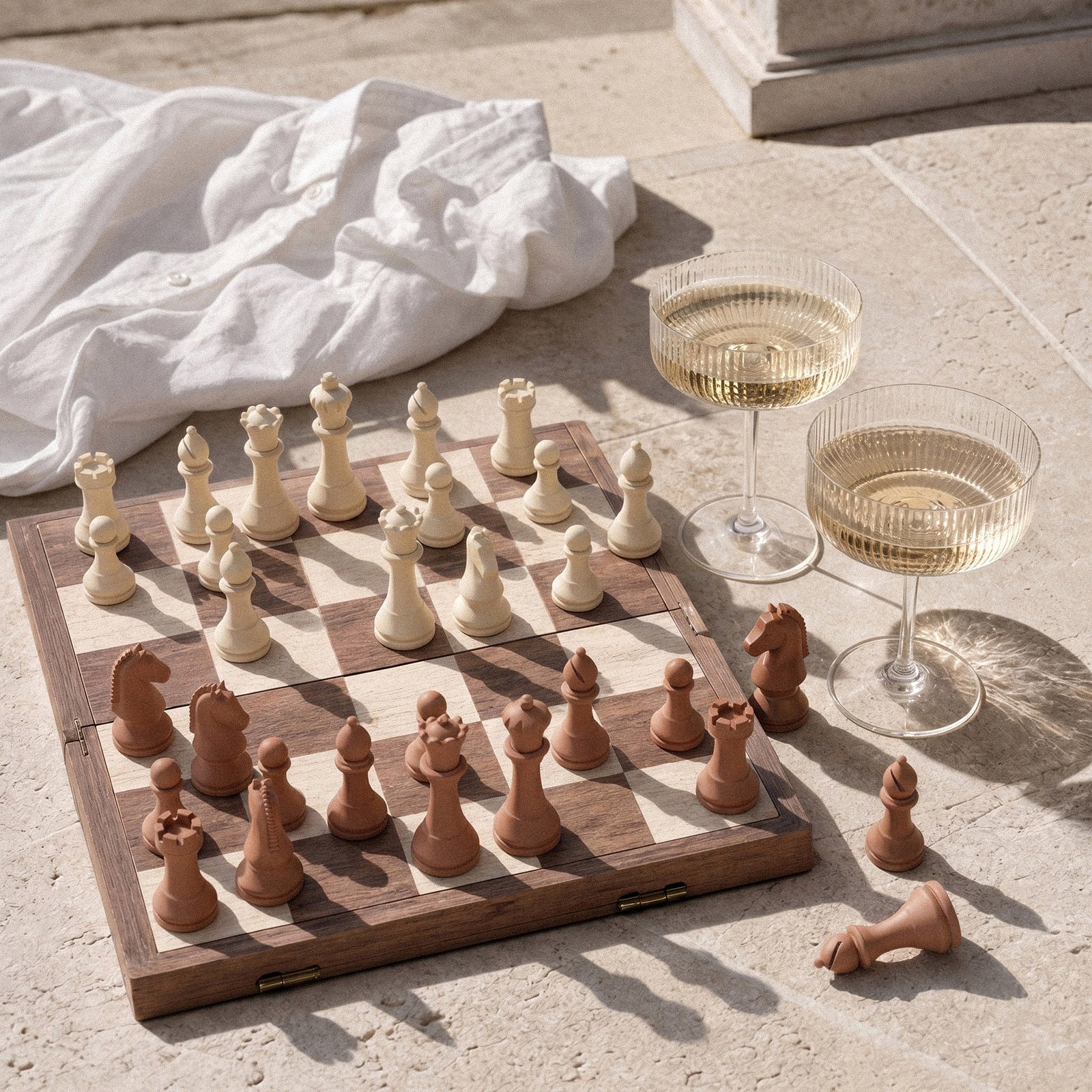 Terracotta and Cream Chess Pieces on Wooden Board - Boowan Nicole