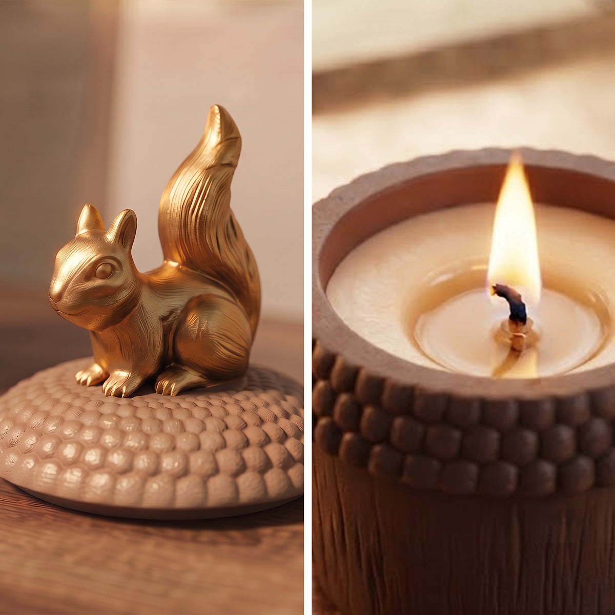 Split image: closeup of golden squirrel figurine on acorn candle lid and burning candle flame inside acorn candle vessel - Boowan Nicole