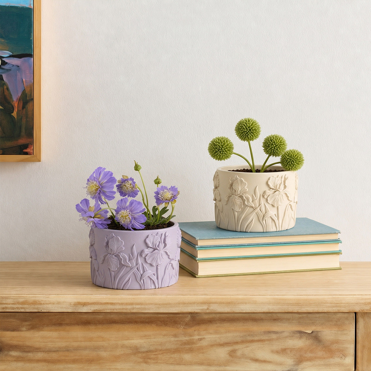 Iris Embossed Candle Jar Silicone Mold, finished candle jars as planters in purple and beige on wooden shelf - Boowan Nicole