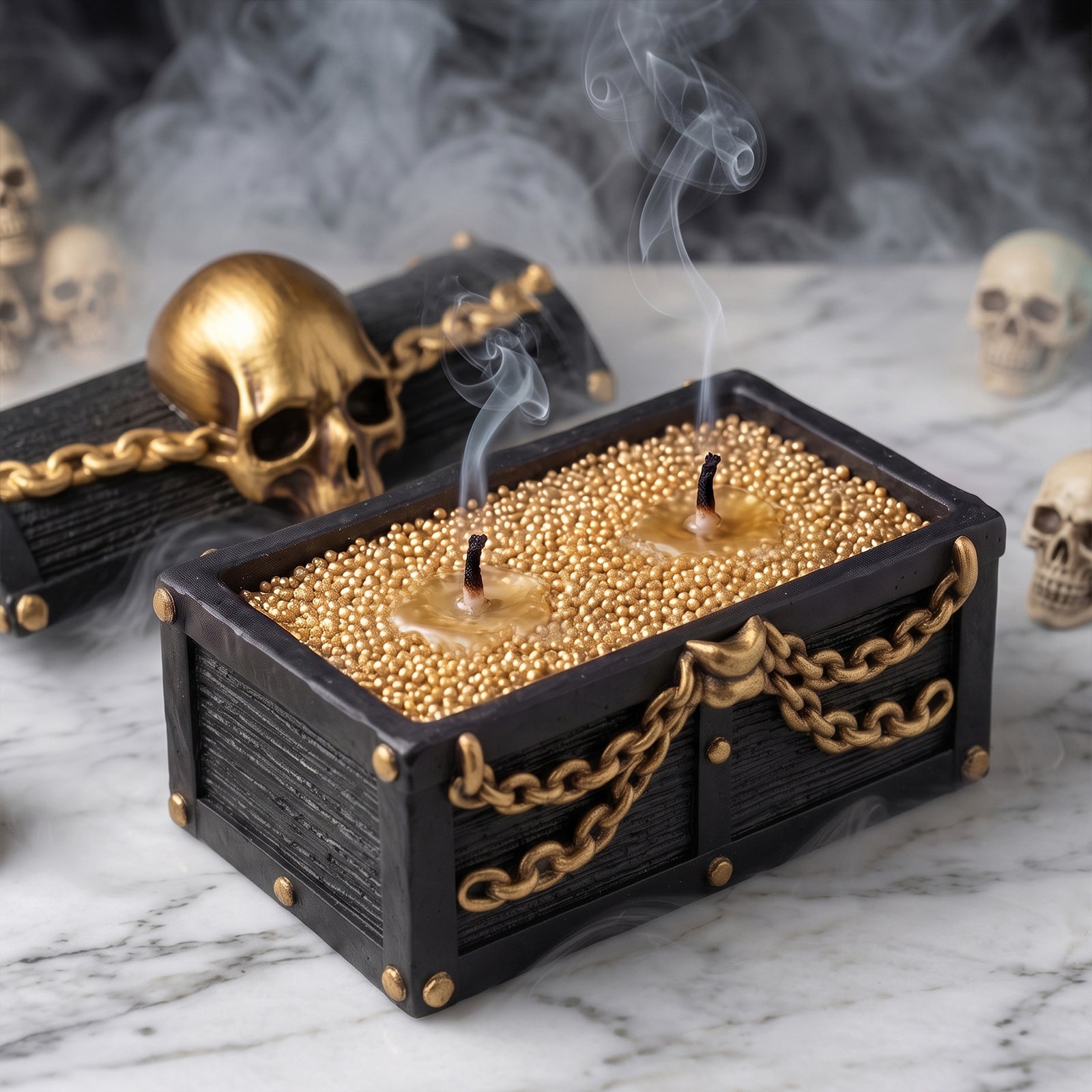 Open skull treasure chest candle jar filled with golden bead wax, two wicks smoking gently for gothic Halloween decor - Boowan Nicole