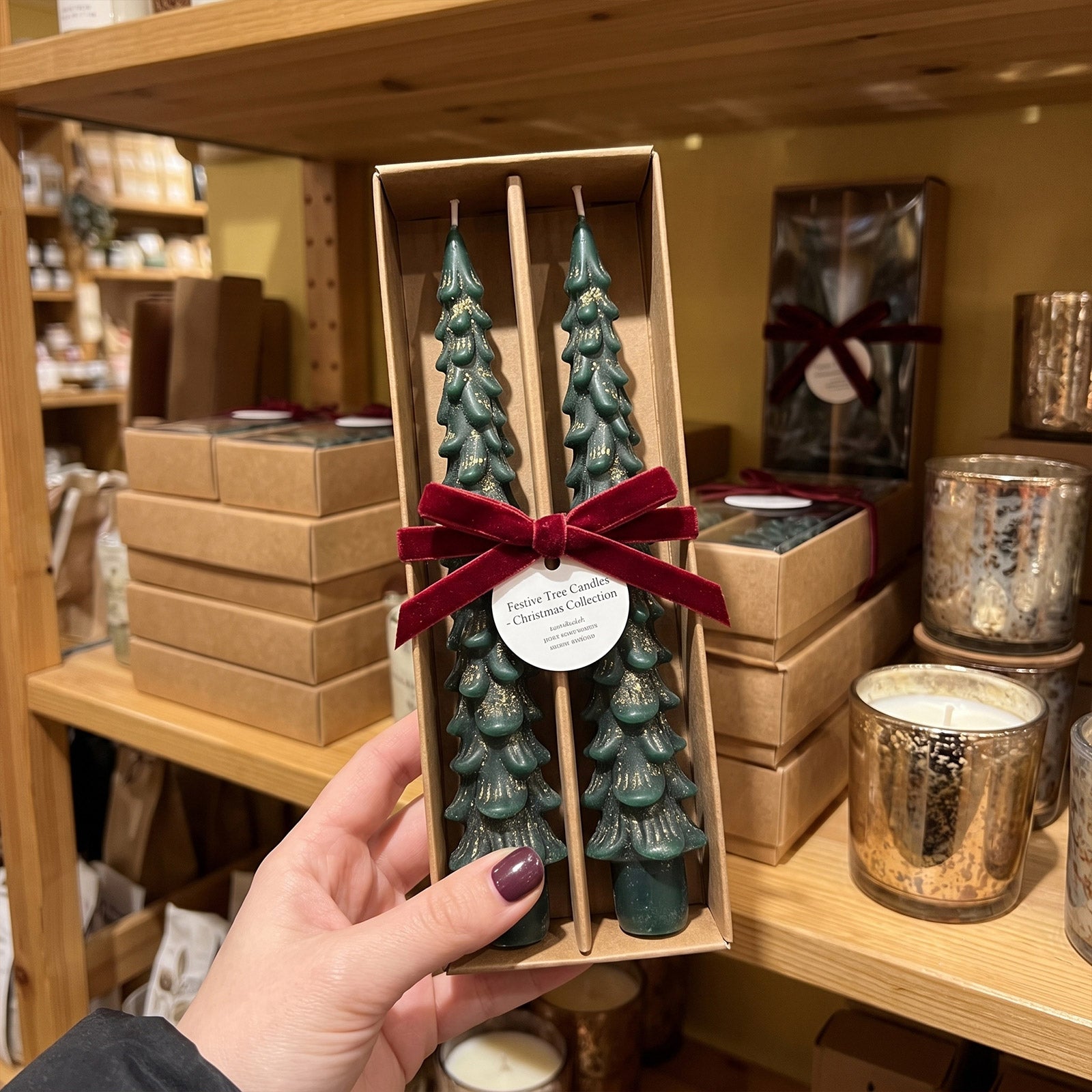 Gift box packaging display of green pine tree taper candles for Christmas holiday collection - Boowan Nicole