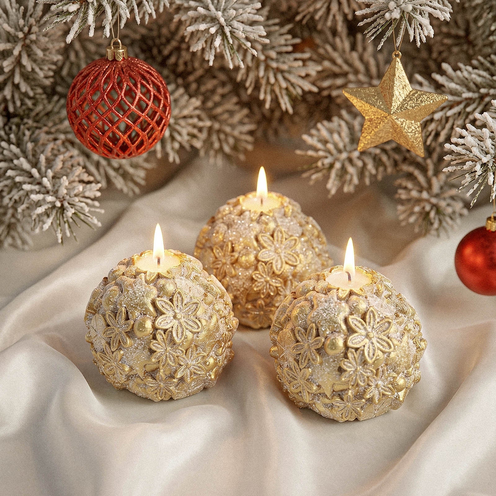 Three glittering golden spherical candles burning, displayed on satin fabric with Christmas tree ornaments - Boowan Nicole