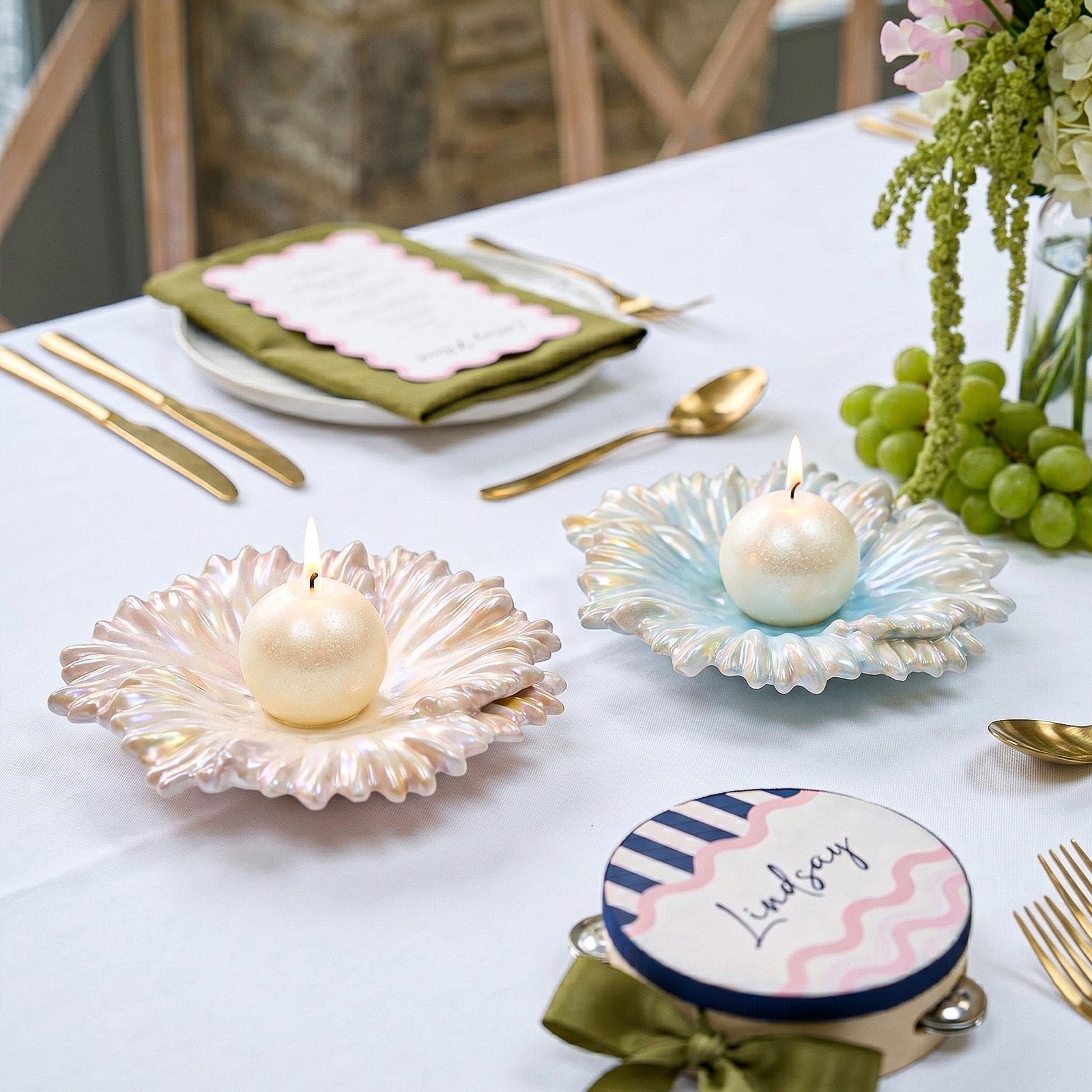 Ocean Wave Serenity Trays as tealight holders on a styled dining table - Boowan Nicole