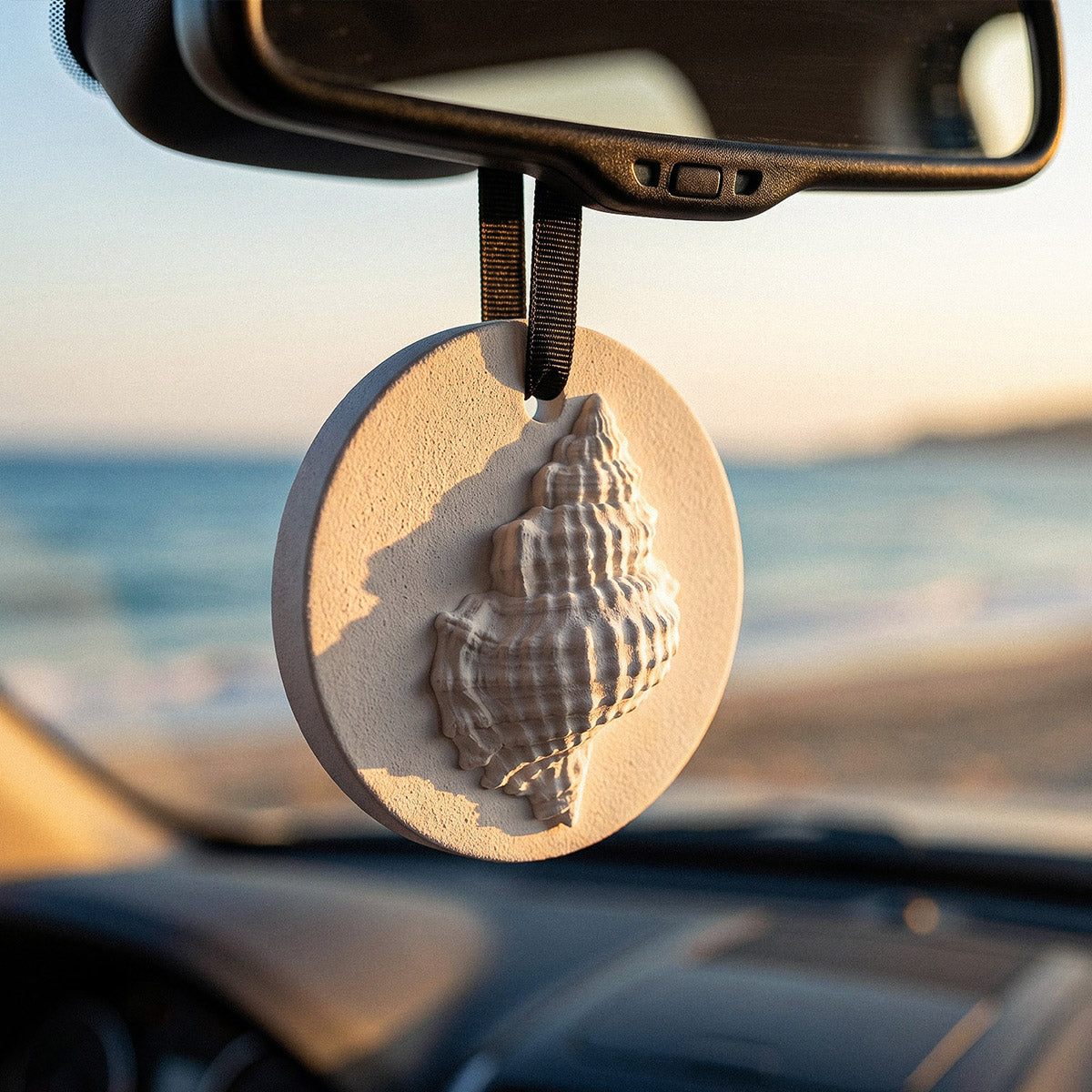 Seashell Scent Hanger Hanging on Car Rearview Mirror with Ocean Background - Boowan Nicole