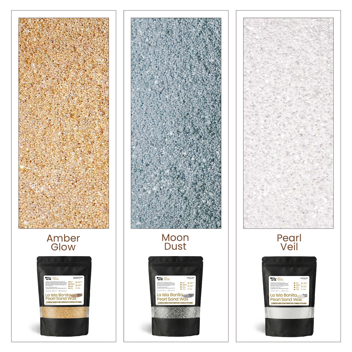  Pearl Sand Wax Swatches - Moon Dust, Amber Glow & Pearl Veil Shimmer Candle Sand - Boowan Nicole