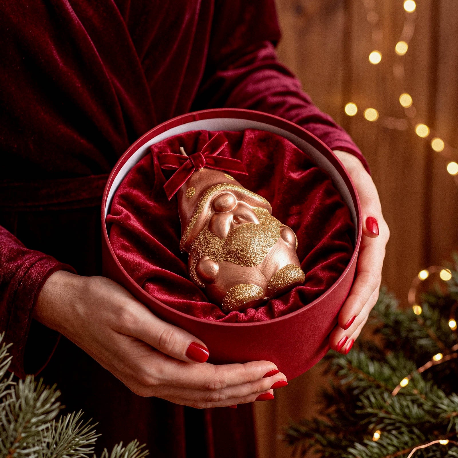Golden glitter gnome candle gift placed inside luxury red velvet‑lined round gift box for Christmas - Boowan Nicole