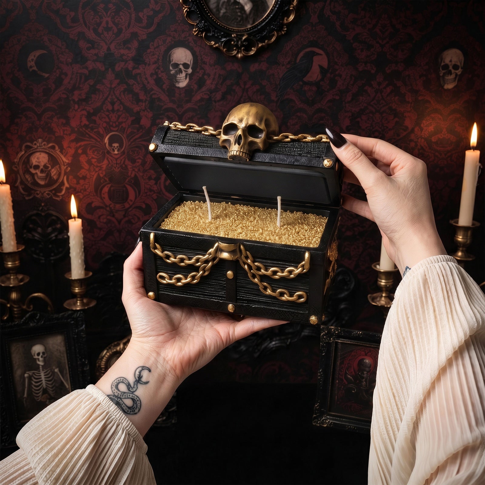 Hands holding open pirate skull treasure chest candle jar with golden granular wax inside against dark vintage wallpaper - Boowan Nicole