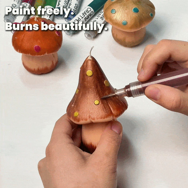 Decorate mushroom candles with OMNI Craft Pen and display finished lit candles - Boowan Nicole