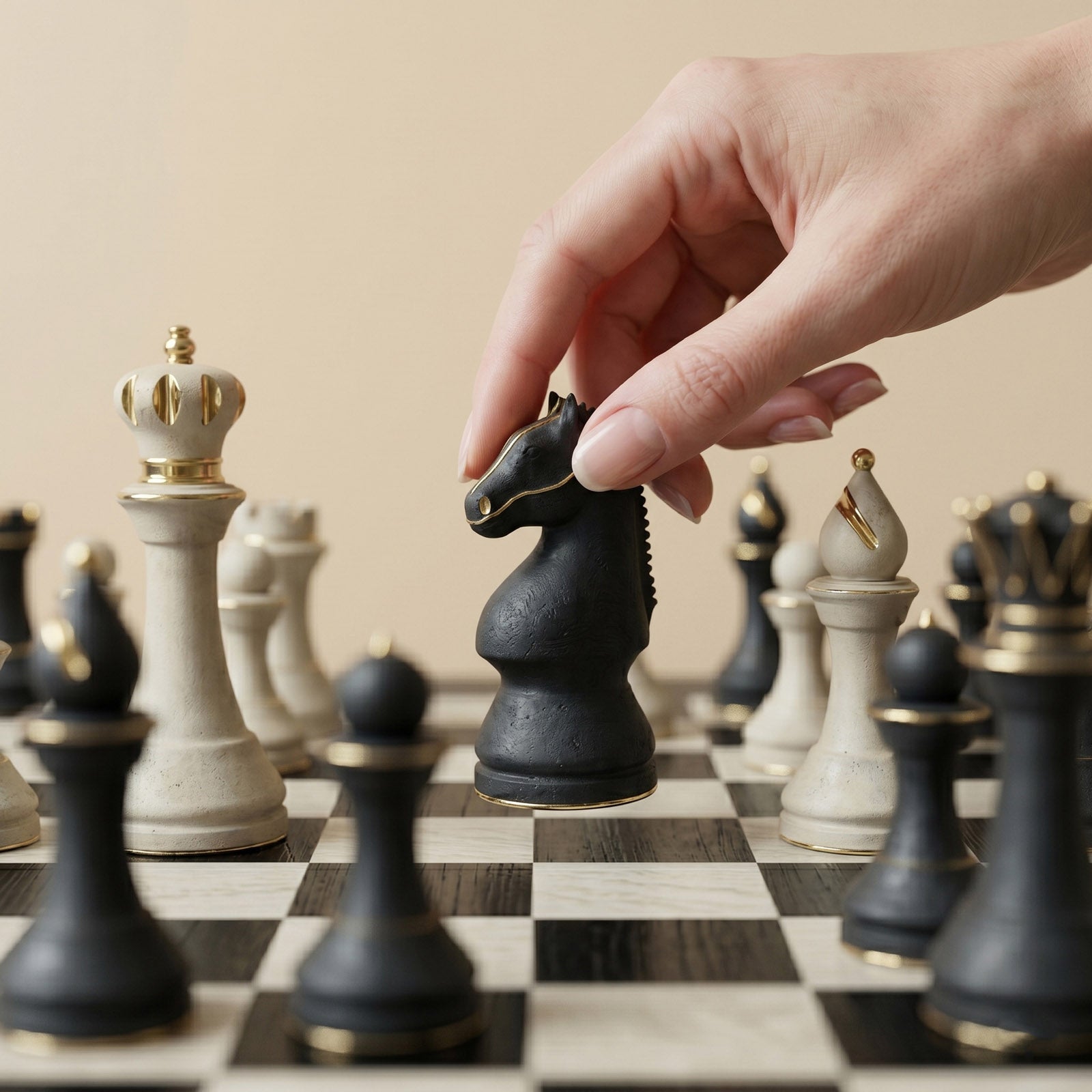 Hand Moving Black Knight Chess Piece on Game Board - Boowan Nicole