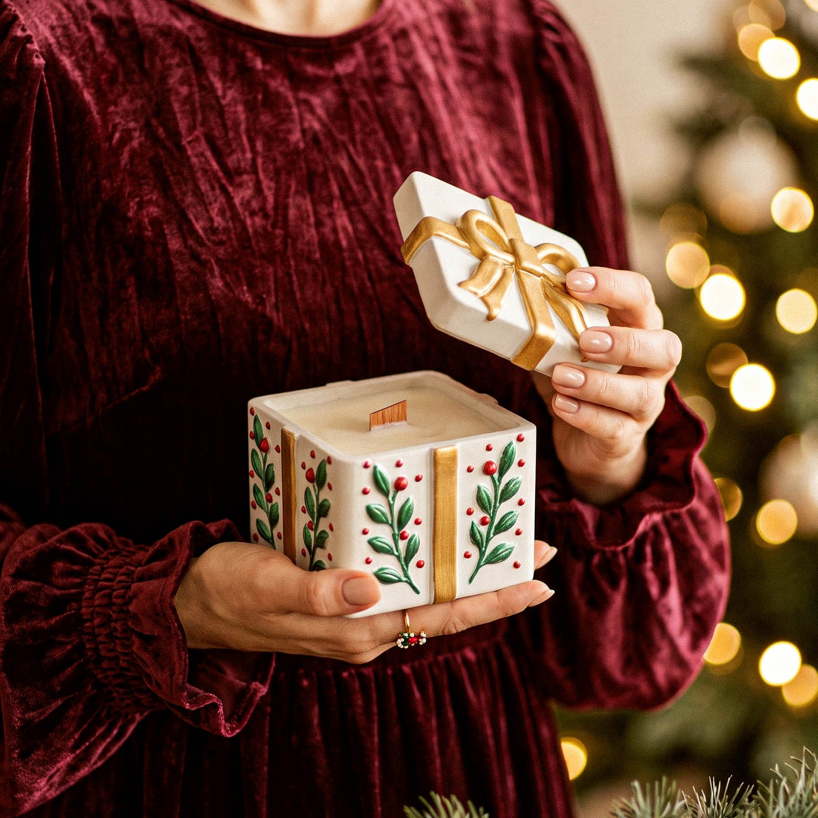 Woman holding finished Holiday Gift Box Candle Jar, lifting decorative gift‑box lid, festive Christmas tree bokeh background - Boowan Nicole