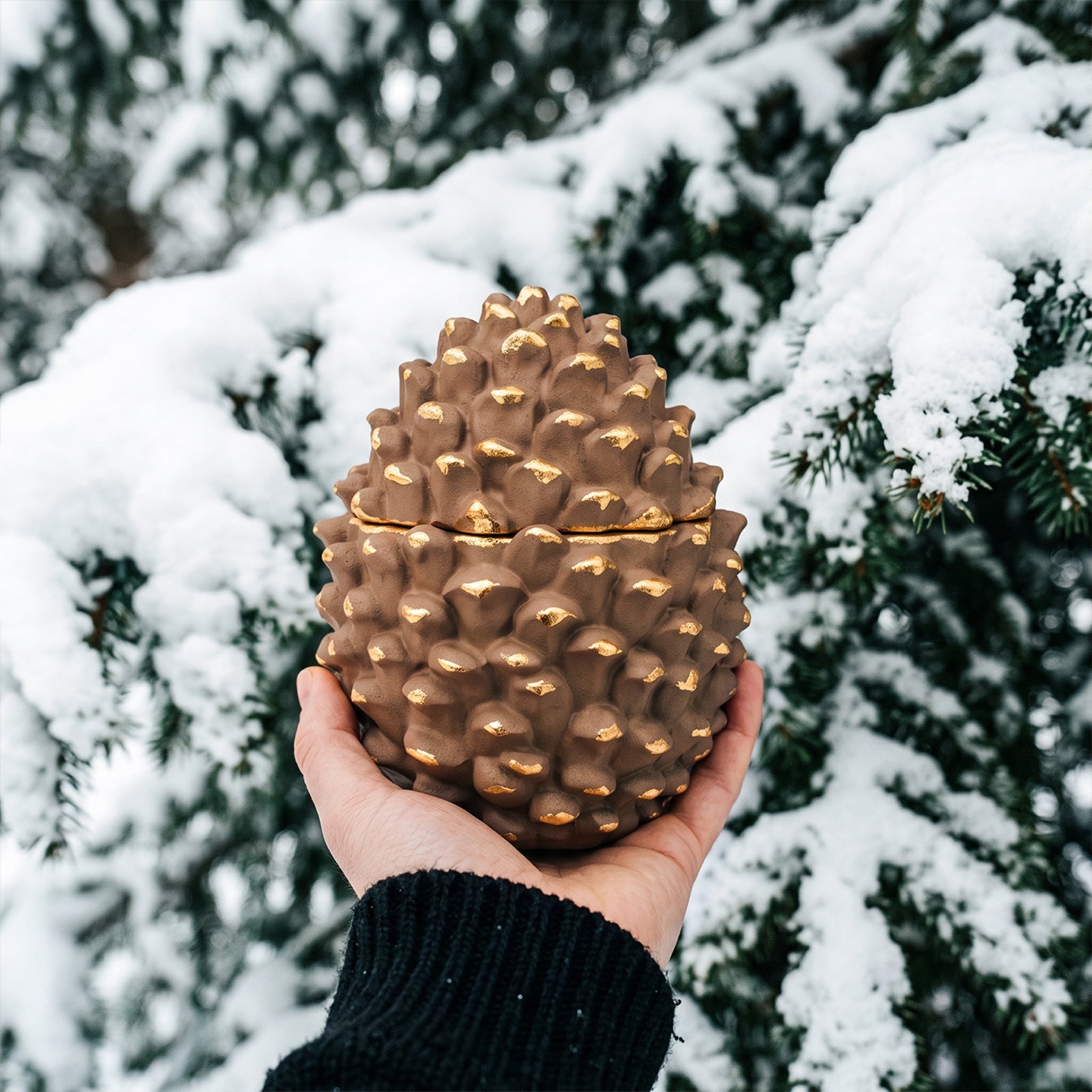 Hand holding matte brown Little Woodland Pinecone lidded candle jar with gold tip detailing, snow-covered pine tree outdoor winter lifestyle shot - Boowan Nicole