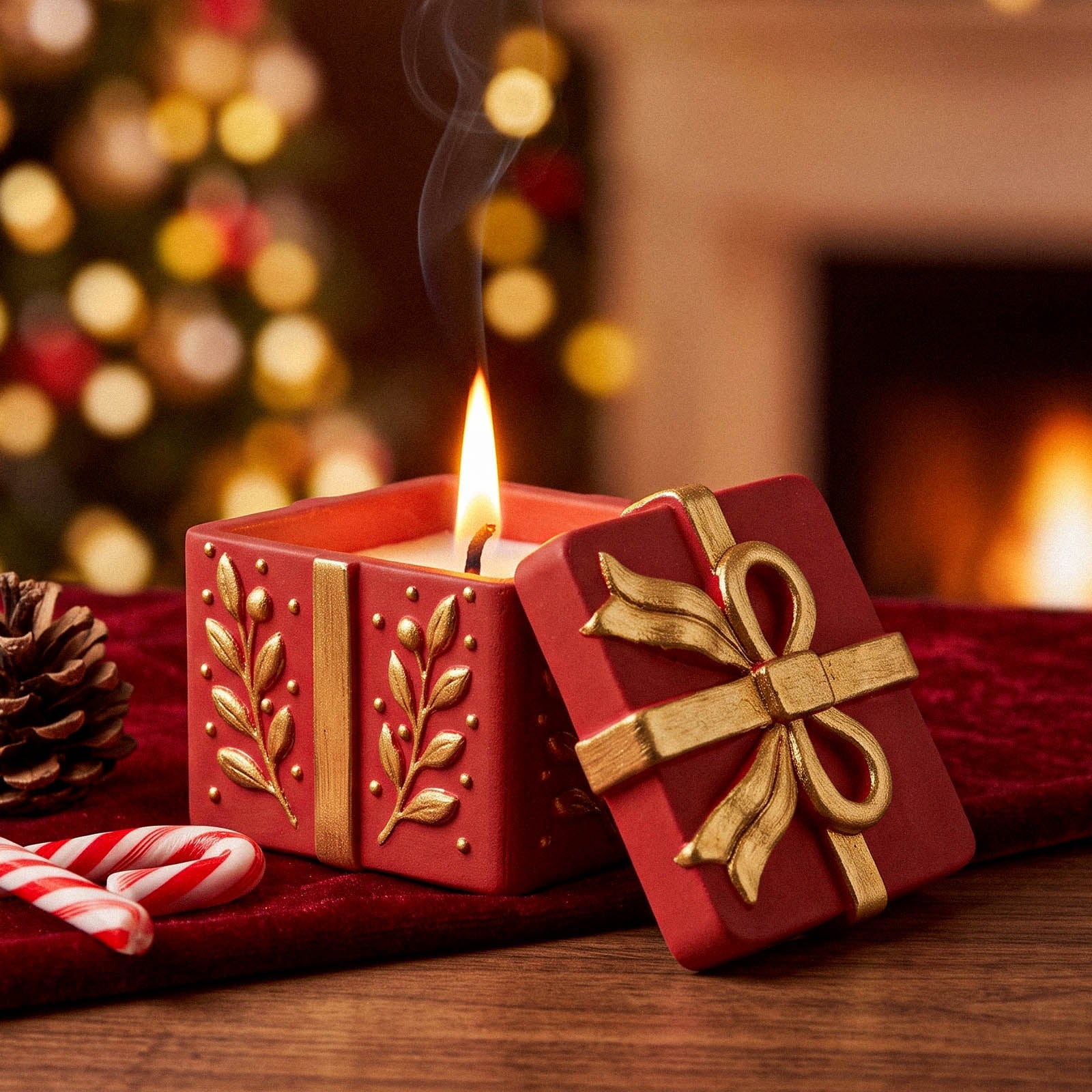 Lit red Holiday Gift Box Candle Jar with golden embossed bow and foliage on red velvet for Christmas home decor - Boowan Nicole
