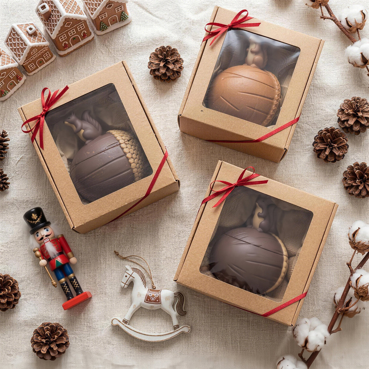 Three squirrel nut candle jars packed in kraft gift boxes with red ribbons, Christmas nutcracker and pine cone decorations on linen fabric - Boowan Nicole