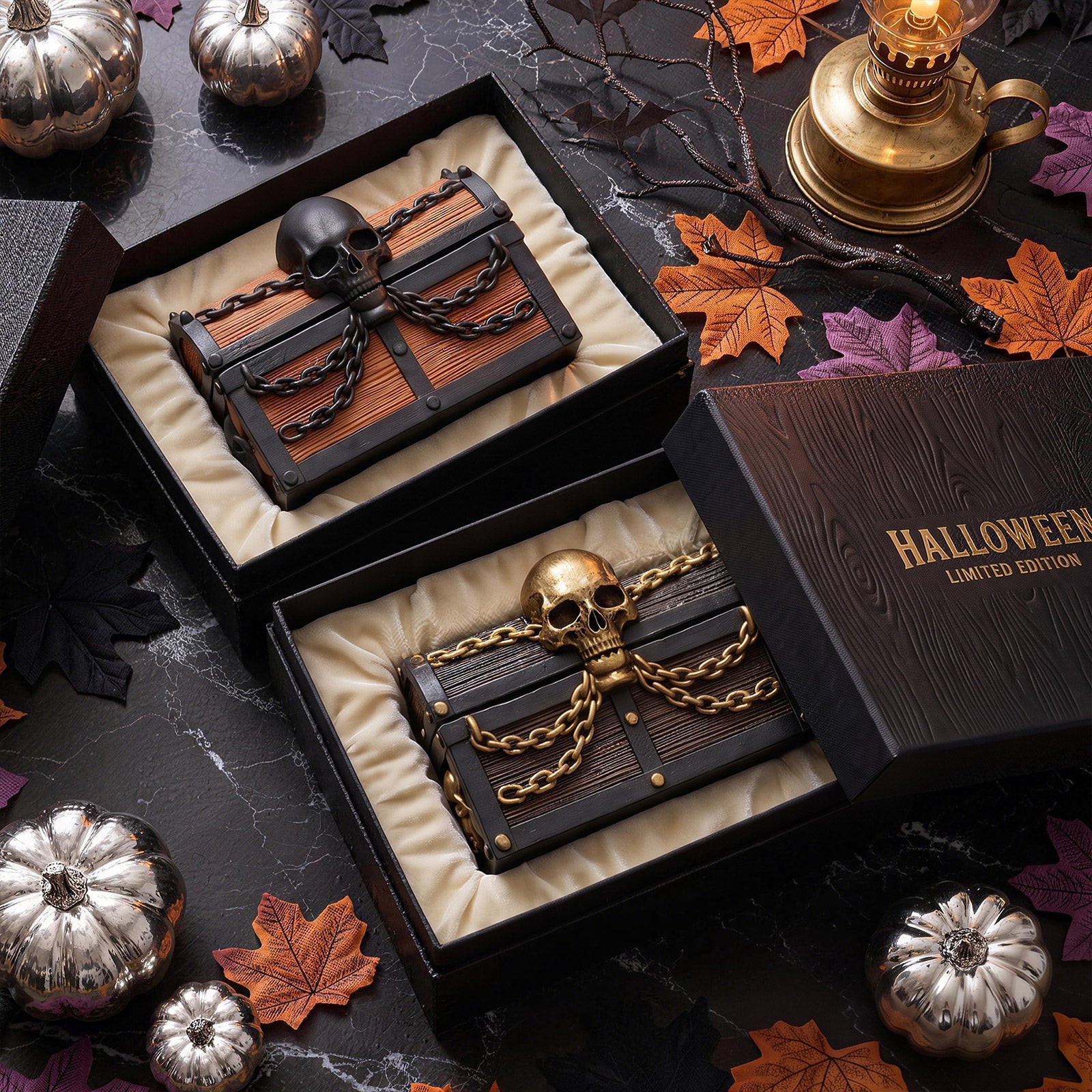 Golden and black skull treasure chest candle jars placed inside limited edition Halloween gift boxes with autumn maple leaves and silver pumpkins - Boowan Nicole