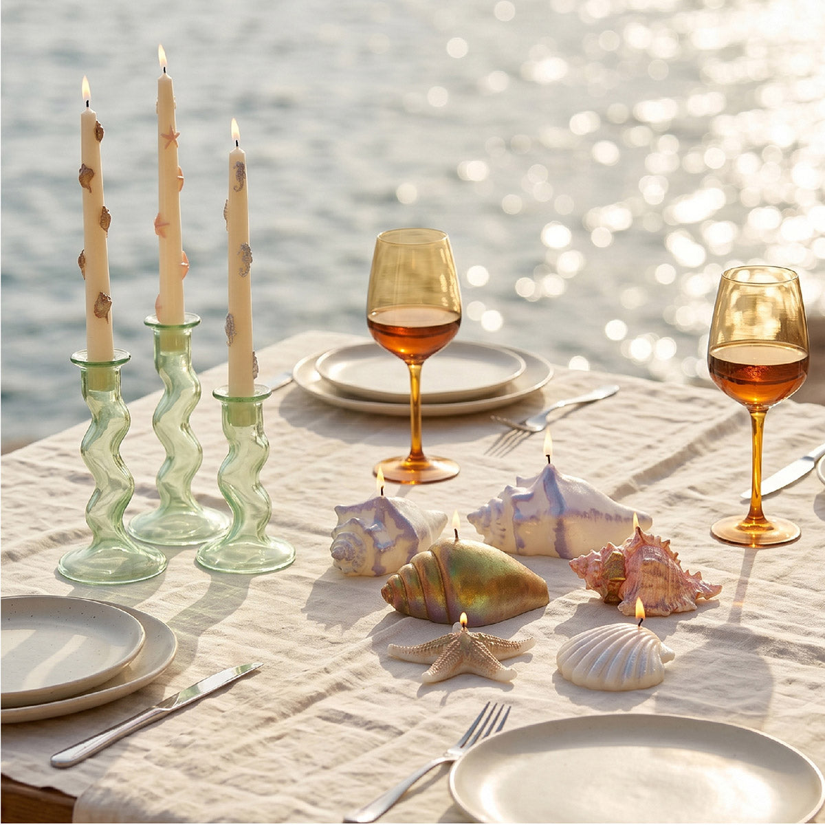 Seaside Table Setting with Hand-Decorated Shell and Embossed Taper Candles - Boowan Nicole